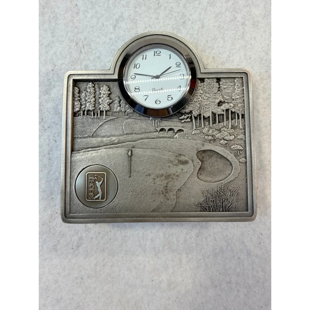 PGA Tour Metal Desk Clock Golf Course Scene Pewter Tone Quartz Analog Timepiece